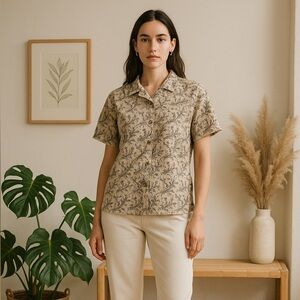 Jennifer‎ Moore L cotton button up foliage print shirt beige black